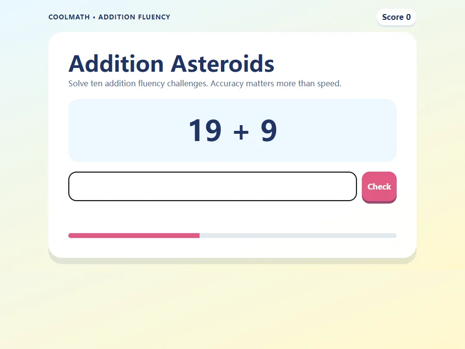 Addition Asteroids game