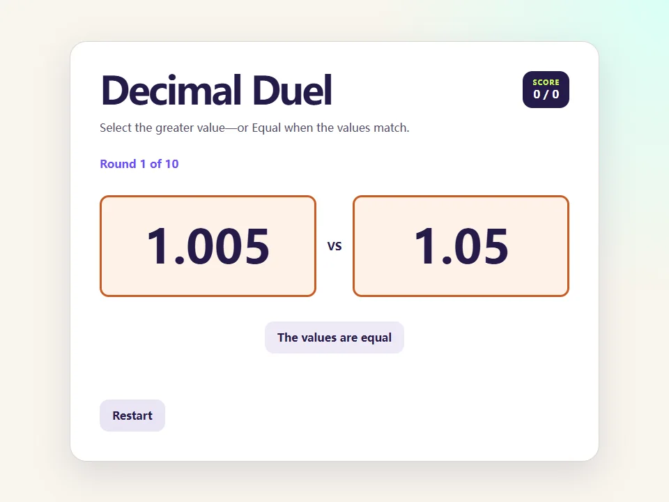 Decimal Duel browser game screen