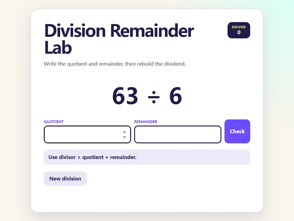 Division Remainder Lab browser game screen