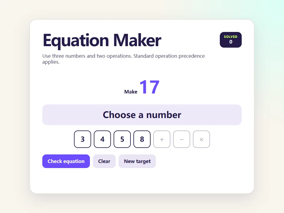 Equation Maker browser game screen