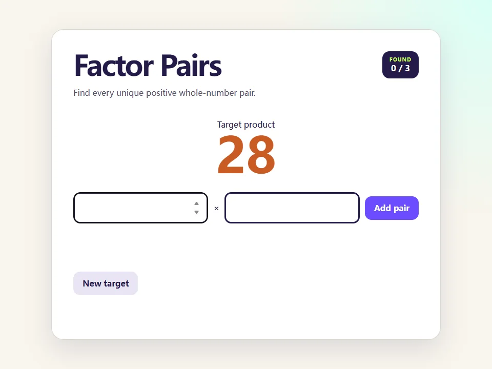 Factor Pairs browser game screen