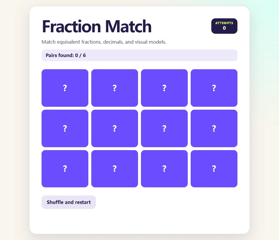 Fraction Match browser game screen