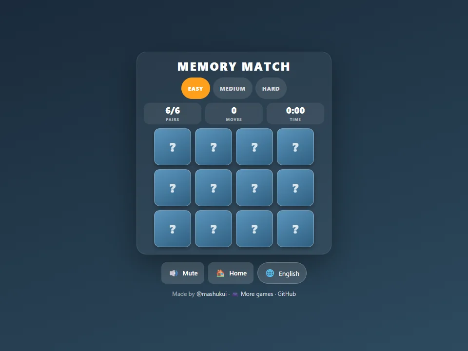 Memory Match browser game screen