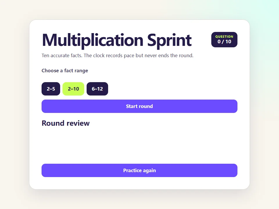 Multiplication Sprint browser game screen