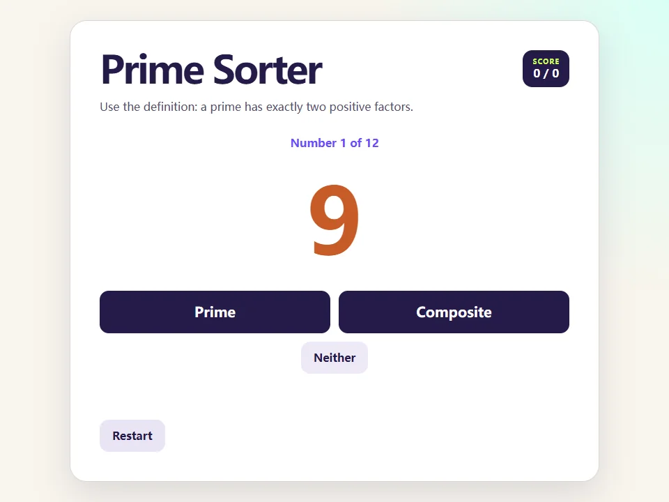 Prime Sorter browser game screen