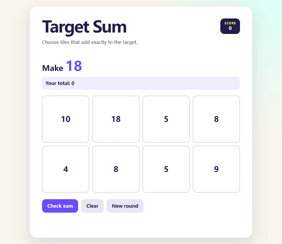 Target Sum browser game screen